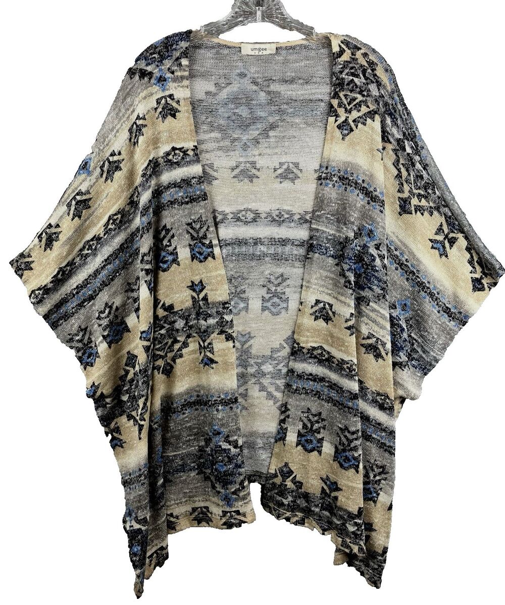 Umgee Aztec Print Wrap Ruana Cover Up Womens L-XL Gray Tan Blue Boho Lightweight